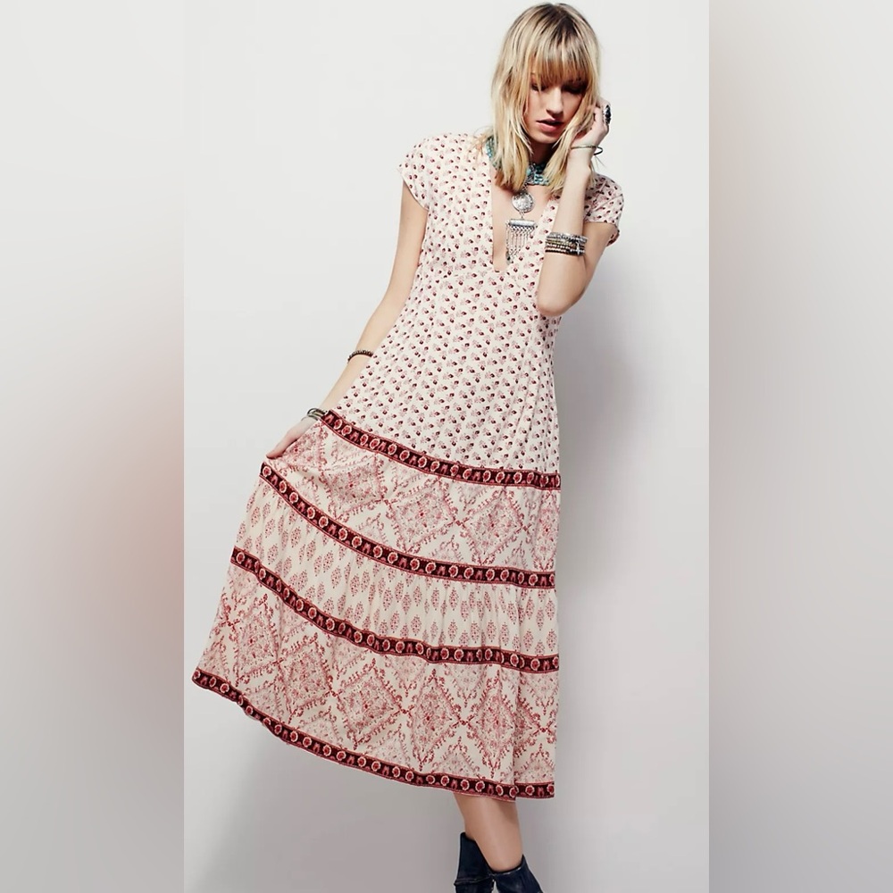 Free People Bella Notte Floral Baby Doll Cap Sleeve Tiered Midi Dress Size 4
